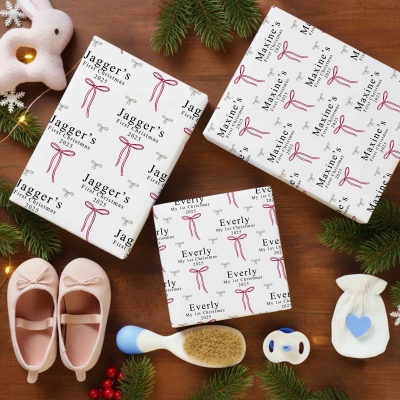 Personalized Name & Year Baby's First Christmas Wrapping Papers (Set of 3), A3/A2/Standard Holiday Pink Bow Gift Wrap, Christmas Gift for Newborns