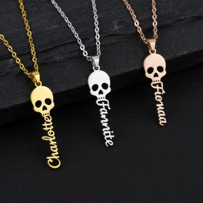 Personalized Name Skull Necklace, Sterling Silver 925 Gothic Jewelry, Birthday/Christmas/Halloween Gift for Gothic Lovers/Rockers/Women/Teens