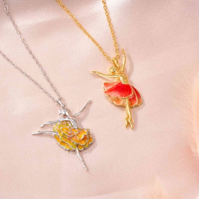 Birth Flower Ballerina Girl Necklace, Personalized Floral Pendant Jewelry for Girls & Women, 18K Gold Plated, Custom Birthday Gift with Petal Skirt Design
