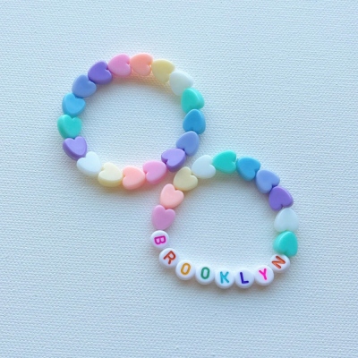 Personalized Rainbow Hearts Letter Bead Bracelet, Custom Name Colorful Girls Bracelet, Stretchy Bead Heart Bracelet, Birthday Gift for Kids/Toddlers