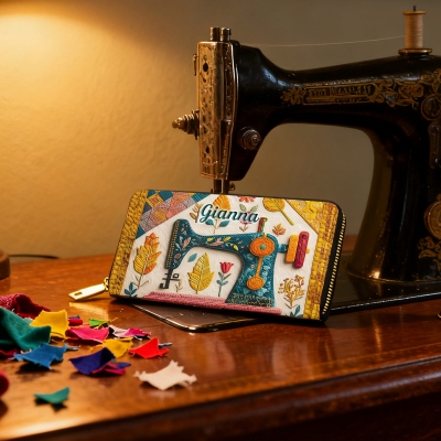 Personalized Name Sewing Machine PU Leather Wallet, Women's Zip Around Clutch Purse, Birthday/Mother's Day Gift for Her/Mom/Grandma/Sewing Lovers