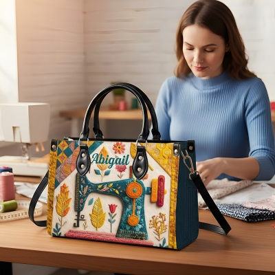 Custom Name Sewing Machine PU Leather Tote Bag, Large Capacity Handbag with Shoulder Strap, Birthday/Mother's Day Gift for Mom/Grandma/Sewing Lovers
