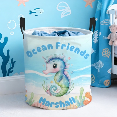 Personalized Name Cartoon Sea Animal Design Storage Basket with Handles, Large Capacity Laundry Basket for Nursery/Bathroom, Gift for Kids/Toddlers