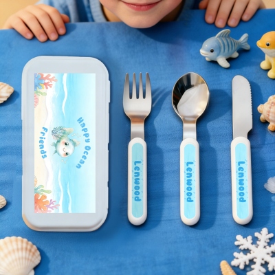 Personalized Name Cartoon Sea Animal Design Cutlery Set with Box, Food Grade Stainless Steel Knife, Fork & Spoon Set, Birthday Gift for Kids/Toddlers