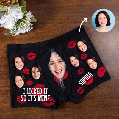 Custom Name & Face Photo Lips & Zipper Design Funny Boxer Briefs, Men's Underwear, Valentine's Day/Anniversary/Wedding Gift for Husband/Boyfriend