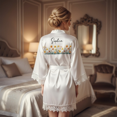 Custom Name Birth Flower Satin Robe with Lace Trim, Women's Floral Robe, Bridal Party Robe, Birthday/Mother's Day/Wedding Gift for Her/Mom/Bridesmaids