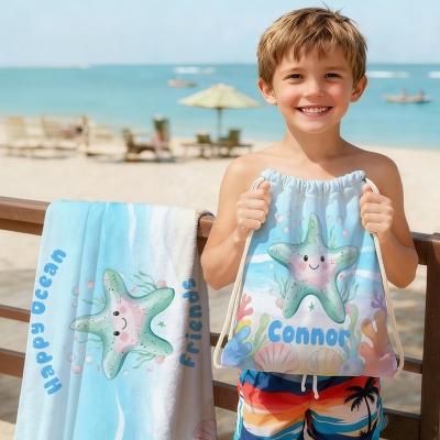 Custom Name Sea Animal Beach Towel with Drawstring Bag, Quick Dry Microfiber Bath Towel, Vacation/Beach/Pool Party Favor, Gift for Kids/Boys/Girls