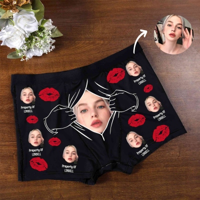 Personalized Name & Face Photo Lips Design Funny Boxer Briefs, Men's Underwear, Valentine's Day/Anniversary/Wedding Gift for Husband/Boyfriend