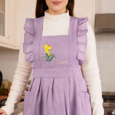 Custom Name Birth Flower Embroidered Ruffled Apron with Pockets, Apron for Kitchen/Garden, Birthday/Wedding Gift for Hostess/Manicurists/Bridesmaids