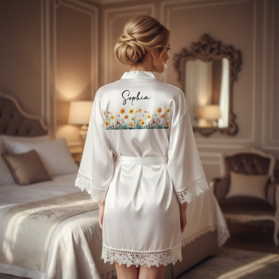 Custom Name Birth Flower Satin Robe with Lace Trim, Women's Floral Robe, Bridal Party Robe, Birthday/Mother's Day/Wedding Gift for Her/Mom/Bridesmaids