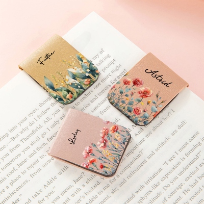 Custom Name Watercolor Birth Flower Leather Bookmark, Magnetic Bookmark Clip, Book Accessory, Birthday/Christmas Gift for Book Lovers/Readers/Women