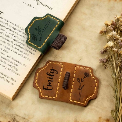 Personalized Name Birth Flower Leather Magnetic Bookmark Clip with Pen Holder, Reading Accessory, Birthday/Christmas Gift for Bookworms/Family/Friends