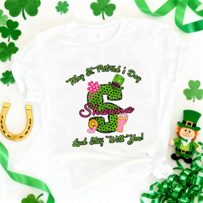 Custom Name Green Polka Dot Alphabet St. Patrick's Day Shirt, T-Shirt/Sweatshirt for Adults & Kids, St Patrick's Day Gift for Irish Family/Friends