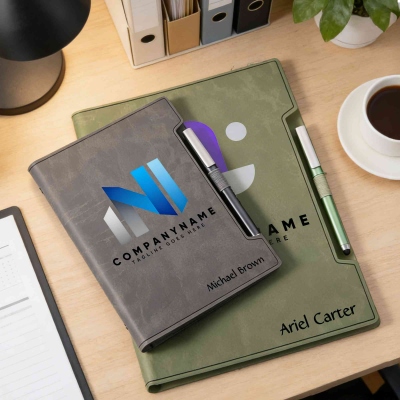 Personalisierter Notizbuch- und Stifte-Satz mit Firmenlogo und Namen, Leder, A5/B5/A4-Format, mit Kartenfächern, Firmengeschenk/Werbegeschenk für Mitarbeiter/Teams