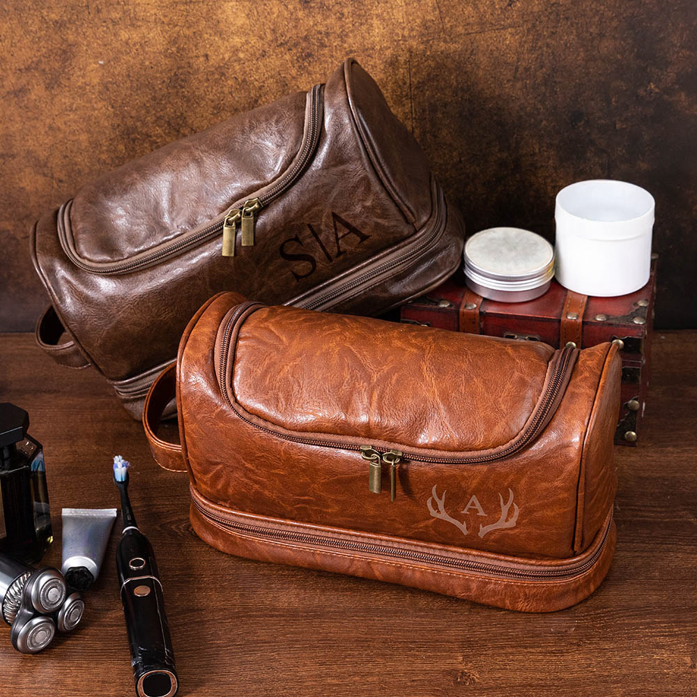 Trousse De Toilette Personnalisée Homme En Cuir Synthétique - Kit Dopp Avec Nom Gravé, Cadeau Mariage, Fête Des Pères, Voyage - 8