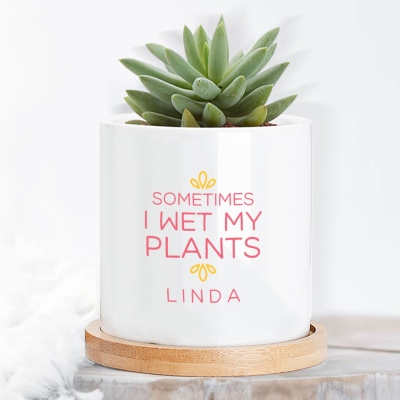 Personalized Name Plant Pot with Text, Ceramic Planter with Drainage & Bamboo Tray, Home Decor, Birthday/Christmas Gift for Family/Friend/Plant Lover