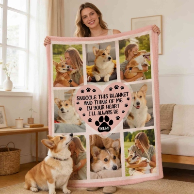 Personalized Name & Pet Photos Heart Paw Prints Design Blanket, Flannel/Sherpa Dog Cat Photo Grid Soft Bed Couch Throw, Gift for Pet Lovers/Owners