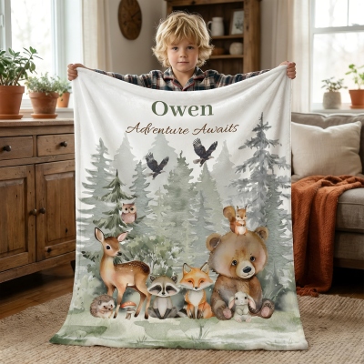 Personalized Name Forest Animals Blanket, Flannel/Sherpa Throw for Bed Couch, Nursery Home Decor, Baby Shower/Birthday Gift for Newborns/Infants/Kids
