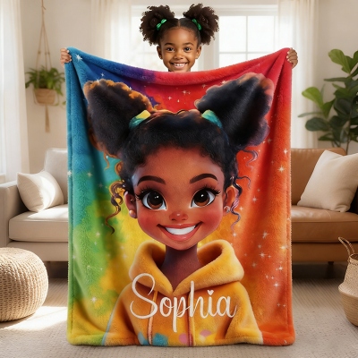 Personalisierte Decke mit Afro-Mädchen-Motiv und Namen, Flanell-/Sherpa-Überwurf für Bett und Sofa, Heimdekoration, Geschenk zum Schulanfang/Geburtstag für Kinder/Mädchen