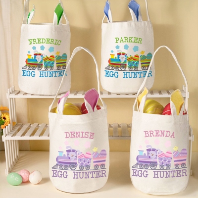 Oster-Eimertasche mit individuellem Namensschild und Hasenohren, Osterkorb für die Ostereiersuche, Ostergeschenktasche aus Baumwoll-Leinen-Mischgewebe, Ostergeschenk für Kinder/Jungen/Mädchen