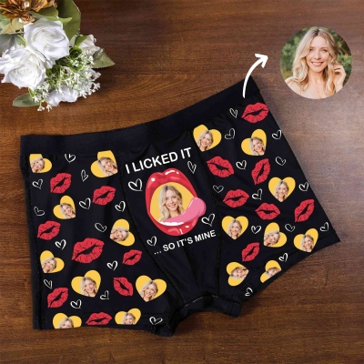 Personalized Face Photo Licking Lip & Heart Design Funny Boxer Briefs, Men's Underwear, Valentine's Day/Anniversary/Wedding Gift for Husband/Boyfriend