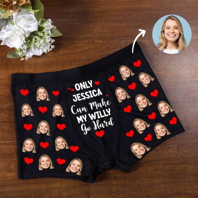 Personalized Name & Face Photo Heart Design Funny Boxer Briefs, Men's Underwear, Valentine's Day/Anniversary/Wedding Gift for Husband/Boyfriend