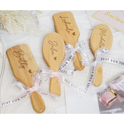 Personalized Engraved Name Wooden Comb for Bridesmaids, Elegant Hair Brush with Ribbon, Bridal Party Favor, Wedding/Proposal/Birthday for Her/Bestie