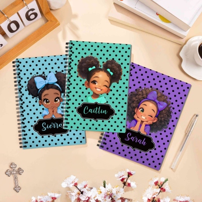 Personalized Cartoon Afro Black Girl Character Polka Dots Notebook with Name, A5 Spiral Journal, Birthday/Back to School Gift for Kids/Teens/Girls