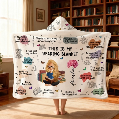 Personalized Book Lovers Blanket with Name & Birth Flower, Books Quotes Blanket Hoodie, Birthday/Christmas Gift for Women/Bookworm/Book Lovers