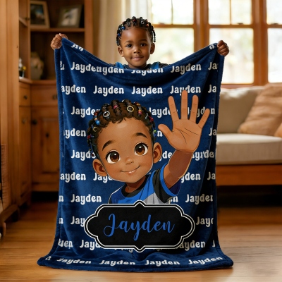 Personalized Cartoon Afro Black Boy Blanket with Name, Flannel/Sherpa Throw for Bed Couch, Home Decor, Christmas/Birthday Gift for Kids/Boys
