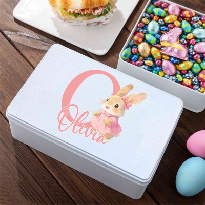 Personalized Name Cute Cartoon Bunny Alphabet Treat Tin with Lid, Biscuit Box, Tinplate Container, Easter Party Favor, Easter Gift for Kids/Boys/Girls