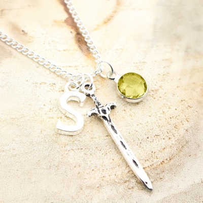 Custom Initial & Birthstone Sword-Shaped Pendant Necklace, Sterling Silver 925 Fantasy Jewelry, Gift for Romantasy Book Lovers/Tabletop Gamers/Her