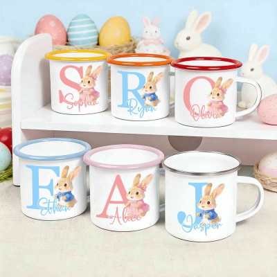 Custom Name Cute Cartoon Bunny Alphabet Easter Enamel Mug, 12oz Cup with Handle, Tin Camping Mug, Easter Party Favor, Easter Gift for Kids/Boys/Girls