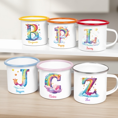 Personalized Name Cloud & Rainbow Alphabet Enamel Mug, 12oz Cup with Handle, Tin Camping Mug, Children's Day/Birthday Gift for Kids/Boys/Girls