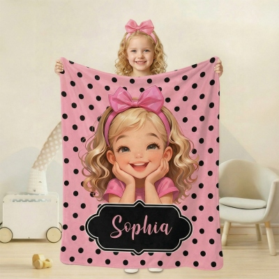 Personalized Name Polka Dots Cartoon Little Girl Blanket, Flannel/Sherpa Throw for Bed Couch, Home Decor, Children's Day/Birthday Gift for Kids/Girls