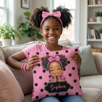 Personalisierter Kissenbezug mit Namen, Polka-Dots-Motiv, Cartoon-Motiv, Afro-Mädchen, Kissenbezug mit optionaler Füllung, Heimdekoration, Geburtstagsgeschenk für Kinder/Mädchen