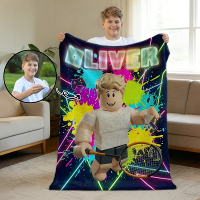 Custom Name & Photo 3D Blocky Gamer Noob Avatar Vibrant Neon Splatter Blanket, Flannel/Sherpa Bed Couch Throw, Gaming Room Decor, Gift for Gamers/Kids