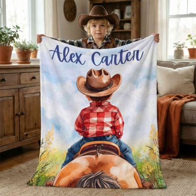 Personalized Watercolor Little Cowboy/Cowgirl Blanket with Name, Western Rustic Ranch Blanket, Bedroom Home Decor, Gift for Little Rodeo Boys/Girls