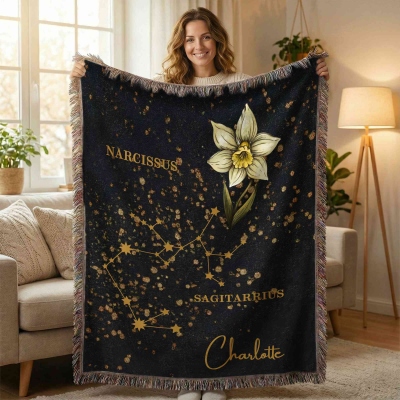 Personalized Name Birth Flower Zodiac Constellation Blanket with Tassels, Floral Celestial Throw for Bed Couch, Birthday Gift for Her/Mom/Friends