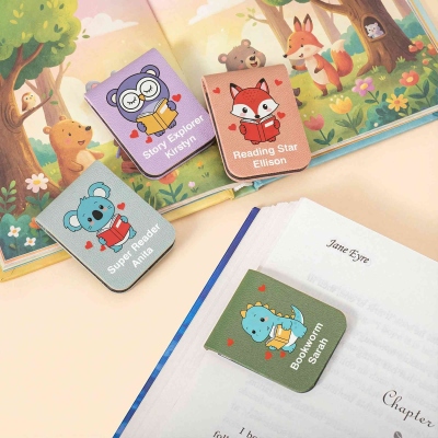 Personalized Name Cute Cartoon Animal Leather Magnetic Bookmark Clip, Reading Accessory, Back to School/Birthday Gift for Bookworms/Kids/Students