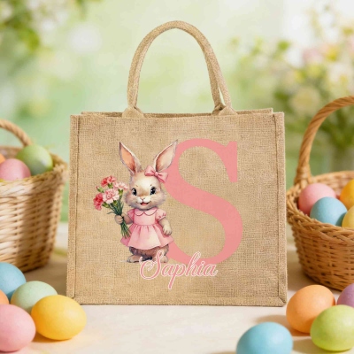Custom Name & Initial Watercolor Birth Flower Bunny Burlap Tote Bag, Large Capacity Jute Bag, Easter Egg Hunt Bag, Easter Gift for Kids/Boys/Girls