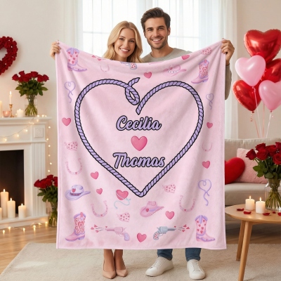 Personalized Names Cowboy Love Heart Rope Pink Blanket, Flannel/Sherpa Throw for Bed Couch, Home Decor, Anniversary/Valentine's Day Gift for Couples