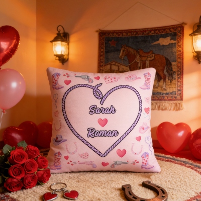 Personalized Names Cowboy Love Heart Rope Pink Throw Pillow Cover, Pillowcase with Optional Insert, Home Decor, Valentine's Day Gifts for Couples