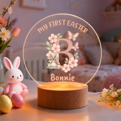 Personalized Name Watercolor Floral Bunny Alphabet LED Night Light, Acrylic Night Lamp with Wooden Base, Nursery Decor, Easter Gift for Newborns/Kids