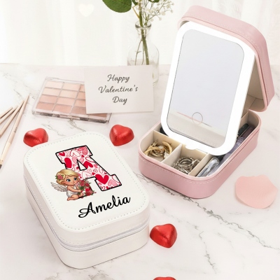 Custom Name Valentine's Angel Alphabet Makeup Box with 3-Color LED Light Mirror, Makeup Jewelry Case, Anniversary/Valentine's Day Gift for Her/Wife