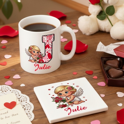 Custom Name Valentine's Angel Alphabet Mug, 11oz/15oz Two Tone Ceramic Coffee Mug with Coaster, Anniversary/Valentine's Day Gift for Her/Him/Couples