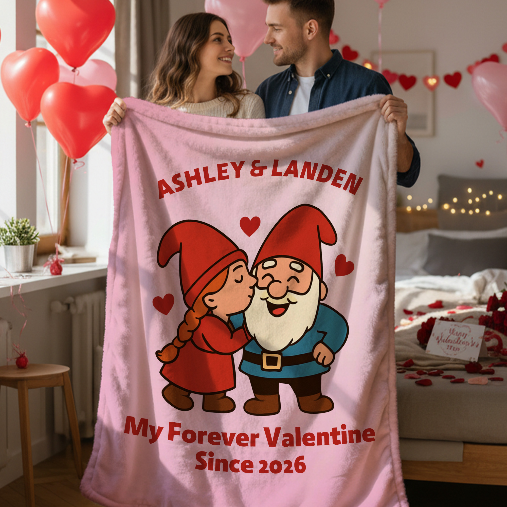 Personalized Names Cartoon Dwarf Couple Blanket, Flannel/Sherpa Throw for Bed Couch, Home Decor, Anniversary/Valentine's Day Gift for Her/Him/Couples