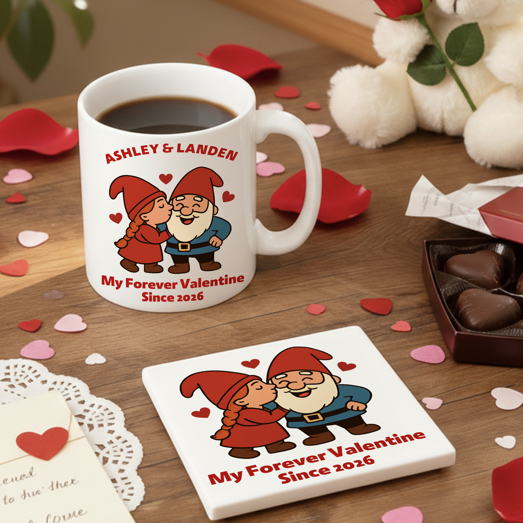 Personalized Names Cartoon Dwarf Couple Mug, 11oz/15oz Two Tone Ceramic Coffee Mug with Coaster, Anniversary/Valentine's Day Gift for Her/Him/Couples
