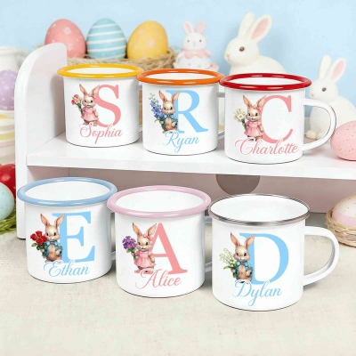 Custom Name & Initial Watercolor Birth Flower Bunny Easter Enamel Mug, 12oz Cup with Handle, Tin Camping Mug, Easter Party Favor, Easter Gift for Kids