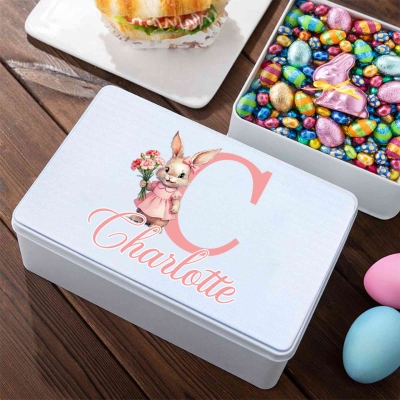 Custom Name Initial Watercolor Birth Flower Bunny Easter Treat Tin with Lid, Biscuit Box, Tinplate Container, Easter Party Favor, Easter Gift for Kids
